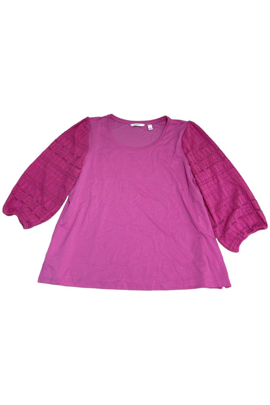 Isaac Mizrahi Pebble Knit Top with Scoop Neck & Lace Sleeves Pink - Regular